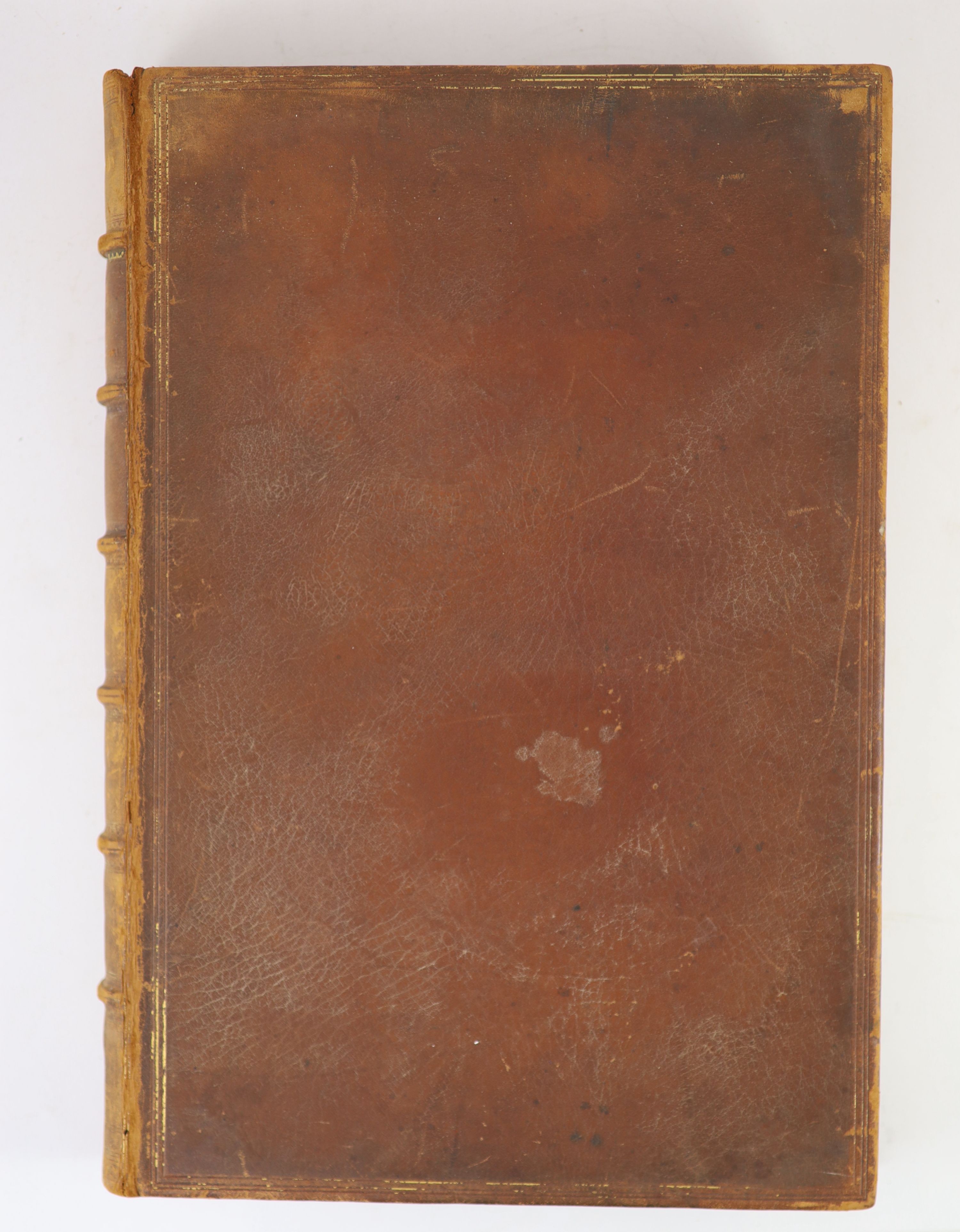 Plot, Robert - The Natural History of Staffordshire, 1st edition, folio, rebound calf by W.Pratt, with engraved title, folding map 63.5 x 54cms. (detached and badly stained) and 37 plates, 25 double paged, Oxford, 1686